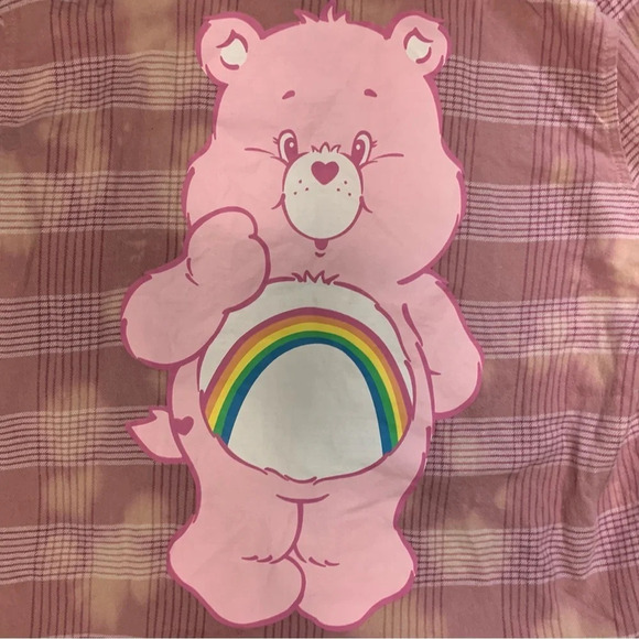 Care Bears Pink Plaid Flannel Button Down Love Sleeve Shirt Womens Size Small - Picture 3 of 5